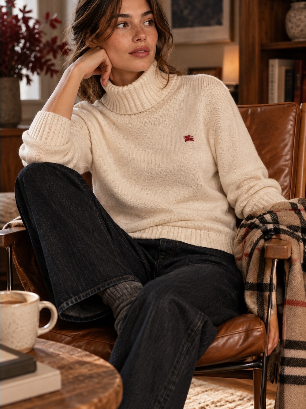 Vintage Burberry London Ivory Cotton Knit Chunky Turtleneck Sweater 44